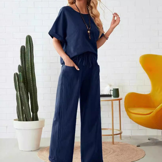 🔥Hot Sale🔥Solid Color Casual Top & Drawstring Pants 2-Piece Set