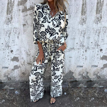 ⏳Limited time 55% OFF⏳Women’s Stylish Print Lapel Button Shirt and Wide-leg Pants (2-piece Set)